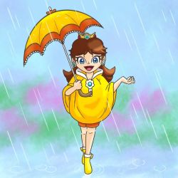 Rule 34 | 1girl, blue eyes, boots, brown hair, crown, earrings, flower earrings, full body, grin, jewelry, looking at viewer, mario (series), nintendo, open mouth, princess daisy, rain, raincoat, smile, standing, super mario land, tomboy, umbrella, water