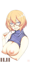 Rule 34 | 1girl, blonde hair, blue eyes, blue sweater, blush, breasts, cleavage, clothes lift, commentary request, food, glasses, grey-framed eyewear, grin, large breasts, lips, looking at viewer, nipples, original, osafune kairi, parted lips, photoshop (medium), pocky, revision, ribbed sweater, semi-rimless eyewear, shirt lift, short hair, sleeveless, sleeveless sweater, sleeveless turtleneck, smile, solo, sweater, sweater lift, turtleneck, under-rim eyewear