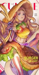 Rule 34 | 1girl, absurdres, armpit crease, bare shoulders, blonde hair, blue eyes, burger, cheese, commentary, cover, crop top, elbow gloves, english text, fast food, food, food-themed clothes, french fries, gloves, highres, lettuce, long hair, looking at viewer, magazine cover, mayonnaise bottle, midriff, onion, original, oversized food, oversized object, parted bangs, parted lips, ringlets, standing, straddling, striped clothes, striped gloves, striped thighhighs, thighhighs, thighs, tomato, velahka, vertical-striped clothes, vertical-striped thighhighs, very long hair