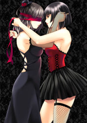 Rule 34 | 2girls, adjusting hair, asymmetrical legwear, ayase hazuki, backless dress, backless outfit, bare arms, bare shoulders, black background, black dress, black eyes, black hair, black skirt, blindfold, breasts, corset, covered eyes, dress, elbow gloves, face-to-face, female focus, fishnet legwear, fishnets, from side, garter straps, gloves, grey hair, hat, large breasts, legs, lips, lipstick, looking at another, makeup, mini hat, multiple girls, original, parted lips, red ribbon, ribbon, short hair, sideboob, skirt, smile, standing, strapless, strapless dress, thighhighs, uneven legwear, veil, yuri, yuujo