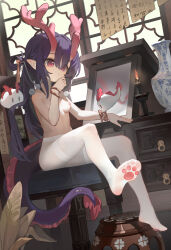 1girl absurdres breasts calligraphy candle commentary_request creature dragon_girl dragon_horns dragon_tail ghost highres horns indoors kele_mimi large_variant_set loli mirror nipples no_shoes original pantyhose paw_print_soles pink_eyes purple_hair qinghua_(porcelain) sitting stool tail toes topless variant_set vase white_pantyhose