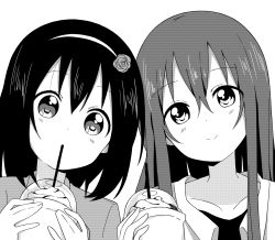 Rule 34 | 2girls, blush, closed mouth, collarbone, commentary request, cup, disposable cup, drinking, drinking straw, flower, frappuccino, greyscale, hair between eyes, hair flower, hair ornament, hairband, hand up, hands up, highres, holding, holding cup, long hair, looking at viewer, medium hair, mesushio, miwa ai, mole, mole under eye, monochrome, multiple girls, oomuro-ke, portrait, shirt, side-by-side, smile, whipped cream, yaeno miho, yuru yuri