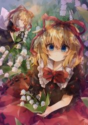 Rule 34 | 1girl, :o, absurdres, black ribbon, blonde hair, blue eyes, bow, closed mouth, doll, flower, frilled shirt, frilled shirt collar, frilled skirt, frilled sleeves, frills, hair ribbon, highres, holding, holding flower, lily of the valley, looking at viewer, medicine melancholy, puffy short sleeves, puffy sleeves, red bow, red neckwear, red ribbon, red skirt, ribbon, ribbon-trimmed skirt, ribbon trim, shirt, short hair, short sleeves, skirt, solo, touhou, wavy hair, white flower, yuusya edamame