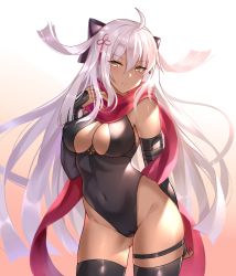 Rule 34 | 1girl, ahoge, black thighhighs, breasts, cameltoe, cleavage, contrapposto, covered navel, cowboy shot, dark-skinned female, dark skin, detached sleeves, fate/grand order, fate (series), gluteal fold, gradient background, hair between eyes, hair ornament, heiyan shenshi, highres, leotard, long hair, long sleeves, looking at viewer, medium breasts, okita souji (fate), okita souji alter (fate), red scarf, scarf, simple background, solo, standing, tassel, thigh strap, thighhighs, very long hair, white hair, yellow eyes