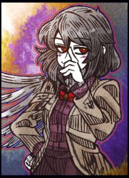 Rule 34 | 1girl, black border, border, bow, bowtie, brown jacket, dress, hand over face, hatching (texture), jacket, kishin sagume, linear hatching, long sleeves, open clothes, outline, purple dress, red bow, red bowtie, red eyes, shirt, short hair, silver hair, single wing, smile, solo, suenari (peace), touhou, wings