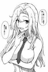 Rule 34 | 1girl, arm under breasts, collar, collared shirt, eyelashes, eyes visible through hair, fingernails, greyscale, hair between eyes, hornet (kancolle), kantai collection, long hair, looking at viewer, monochrome, necktie, open mouth, shigure ryuunosuke, shirt, sleeveless, smile, solo, speech bubble, translated