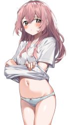 Rule 34 | 1girl, blouse, blush, brown eyes, closed mouth, clothes lift, commentary request, hair between eyes, highres, inui sajuna, kikurage tom., lifted by self, long hair, looking at viewer, navel, panties, pink hair, shirt, shirt lift, short sleeves, simple background, solo, sono bisque doll wa koi wo suru, striped clothes, striped panties, t-shirt, thighs, underwear, white background, white panties, white shirt