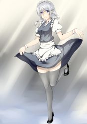 Rule 34 | 1girl, absurdres, apron, blue eyes, bow, braid, clothes lift, full body, gradient background, grey thighhighs, hair bow, high heels, highres, izayoi sakuya, looking at viewer, maid headdress, puffy short sleeves, puffy sleeves, short hair, short sleeves, silver hair, skirt, skirt lift, skirt set, smile, solo, standing, standing on one leg, thighhighs, tiptoes, touhou, twin braids, waist apron, wrist cuffs, yu hen