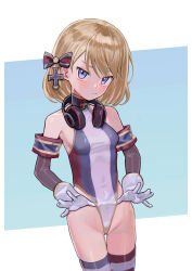 Rule 34 | 1girl, absurdres, azur lane, blonde hair, blush, bow, breasts, closed mouth, commentary, commission, detached sleeves, english commentary, gloves, hair bow, hat, headphones, headphones around neck, highleg, highleg leotard, highres, leotard, looking at viewer, pixiv commission, purple eyes, retrofit (azur lane), saaal653, short hair, simple background, small breasts, solo, thighhighs, white gloves, z23 (azur lane)