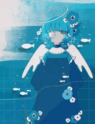 Rule 34 | 1girl, absurdres, arms at sides, black dress, blue flower, blue hair, blue shirt, closed mouth, cowboy shot, dot mouth, dress, eyepatch, fish, flower, halo, high collar, highres, jitome, layered clothes, long bangs, looking at viewer, medical eyepatch, medium hair, original, shirt, sidelocks, solo, sparkle, sskitaco, straight-on, tearing up, tile wall, tiles, white wings, wings