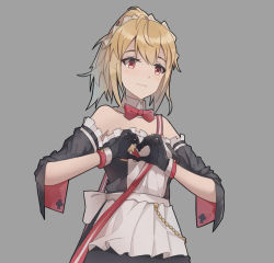 Rule 34 | 1girl, ahoge, apron, bad id, bad pixiv id, bare shoulders, black gloves, blonde hair, bow, bowtie, detached collar, detached sleeves, dress, frilled dress, frilled sleeves, frills, girls&#039; frontline, gloves, grey background, heart, heart-shaped pupils, heart hands, jiachong jun z, long hair, maid, maid headdress, official alternate costume, ponytail, red bow, red bowtie, red eyes, solo, sv-98 (girls&#039; frontline), sv-98 (waitress) (girls&#039; frontline), symbol-shaped pupils