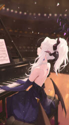 Rule 34 | 1girl, absurdres, back, black horns, blue archive, closed eyes, demon horns, demon wings, dress, elbow gloves, fieryonion, gloves, grand piano, highres, hina (blue archive), hina (dress) (blue archive), horns, instrument, long hair, multiple horns, music, official alternate costume, official alternate hairstyle, piano, playing instrument, playing piano, purple dress, purple gloves, sheet music, solo, strapless, strapless dress, white hair, wings