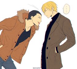 Rule 34 | ..., 2boys, annoyed, black shirt, blonde hair, brown coat, brown jacket, buttons, closed mouth, coat, collarbone, commentary request, ear piercing, earrings, from side, grey background, grey pants, haizaki shougo, hand in pocket, hood, hood down, hooded jacket, jacket, jewelry, kise ryouta, kuroko no basuke, leaning forward, looking at another, looking down, male focus, mashima shima, motion lines, multiple boys, open clothes, open jacket, pants, piercing, shirt, short hair, simple background, speech bubble, spoken ellipsis, standing, tongue, tongue out, turtleneck, twitter username, upper body, yellow eyes