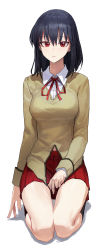 Rule 34 | 1girl, absurdres, black hair, breasts, closed mouth, copyright request, full body, highres, long sleeves, mac star, medium breasts, red eyes, red neckwear, red ribbon, red skirt, ribbon, school rumble, school uniform, short hair, simple background, sitting, skirt, solo, thighs, tsukamoto yakumo, wariza, white background