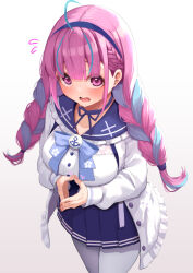 Rule 34 | 1girl, ahoge, anchor symbol, animal print, blue bow, blue hair, blue hairband, blue ribbon, blue sailor collar, blue skirt, blush, bow, braid, breasts, brooch, cat print, coat, collarbone, dyed ahoge, fidgeting, fingernails, frilled sailor collar, frills, from above, hair ribbon, hairband, hololive, jewelry, large breasts, light blue hair, long sleeves, looking at viewer, minato aqua, minato aqua (sailor), minato yu, multicolored hair, neck ribbon, nervous, open clothes, open coat, open mouth, own hands together, pantyhose, purple eyes, purple hair, ribbon, sailor collar, shirt, skirt, sleeves past wrists, solo, streaked hair, sweat, twin braids, twintails, two-tone hair, virtual youtuber, white background, white coat, white pantyhose, white shirt