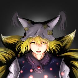 Rule 34 | 1girl, animal hat, bad id, bad pixiv id, black background, blonde hair, fangs, fox tail, gradient background, green (midoriryuu), hat, hat with ears, highres, light particles, looking at viewer, mob cap, multiple tails, open mouth, short hair, simple background, solo, tabard, tail, touhou, upper body, yakumo ran, yellow eyes