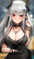 Rule 34 | 1girl, :o, arknights, bare shoulders, black dress, black nails, blush, bracelet, breasts, cleavage, collarbone, dress, earrings, grey hair, highres, horn/wood, horns, jewelry, large breasts, long hair, looking at viewer, mudrock (arknights), mudrock (obsidian) (arknights), nail polish, necklace, official alternate costume, parted lips, pointy ears, red eyes, solo, very long hair