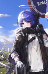 Rule 34 | 1girl, arknights, asymmetrical gloves, bag, black gloves, black horns, black jacket, blue eyes, blue hair, blue sky, chinese commentary, cloud, commentary request, earbuds, earphones, fur-trimmed jacket, fur trim, gloves, halo, highres, holding, holding bag, holding earphones, horns, jacket, long sleeves, mismatched gloves, mostima (arknights), mountain, oreshki, road sign, scenery, shirt, sign, sky, solo, weapon, weapon on back, white gloves, white shirt