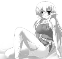 Rule 34 | 00s, 1girl, breasts, bridal gauntlets, elf, greyscale, huge breasts, large breasts, long hair, looking at viewer, monochrome, no bra, pointy ears, simple background, sitting, solo, takeponi, thighhighs, tiffania westwood, white background, zero no tsukaima