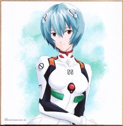 Rule 34 | 1girl, absurdres, ayanami rei, bandai, blue hair, bodysuit, breasts, character name, copyright name, highres, looking at viewer, medium breasts, neon genesis evangelion, official art, plugsuit, red eyes, scan, shikishi, shiny clothes, simple background, smile, solo, standing, thighs, white bodysuit, wide hips