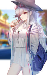 Rule 34 | 1girl, azur lane, bag, blouse, bubble tea, buttons, chinese commentary, commentary request, cup, day, dress, drinking, drinking straw, drinking straw in mouth, dunkerque (afternoon venus) (azur lane), dunkerque (azur lane), eternity (pixiv8012826), eyewear on head, glasses, hair ornament, hair over one eye, hat, highres, long sleeves, outdoors, purple eyes, shirt, sidelocks, solo, sunglasses, white dress, white hair
