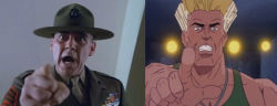 Rule 34 | 2boys, angry, blonde hair, capcom, clenched teeth, comparison, full metal jacket, guile, looking at viewer, manly, military, military uniform, multiple boys, muscular, open mouth, parody, photo (medium), pointing, pointing at viewer, screencap, sgt hartman, soldier, street fighter, teeth, uniform, united states
