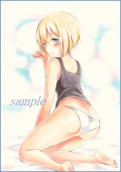 Rule 34 | 1girl, ass, bad id, bad pixiv id, barefoot, bed sheet, blonde hair, blue eyes, blush, butt crack, colored pencil (medium), erica hartmann, grey panties, half-closed eyes, hand up, looking at viewer, looking back, loungewear, marker (medium), panties, parted lips, potto, sample watermark, short hair, solo, strike witches, tank top, thighs, traditional media, underwear, watermark, world witches series