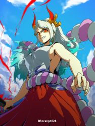 Rule 34 | 1girl, absurdres, aqua hair, blue sky, breasts, cloud, earrings, gradient hair, grin, hair ornament, hair stick, highres, holding, holding weapon, hoop earrings, horang4628, horns, japanese clothes, jewelry, kimono, large breasts, long hair, looking at viewer, multicolored hair, multicolored horns, one piece, orange eyes, ponytail, red horns, rope, shimenawa, sideboob, sky, sleeveless, sleeveless kimono, smile, solo, twitter username, v-shaped eyebrows, weapon, white hair, yamato (one piece), yellow horns