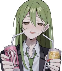 Rule 34 | 1boy, black jacket, brown eyes, can, collared shirt, commentary request, drink, drink can, eyes visible through hair, green hair, green necktie, hair between eyes, half-closed eyes, hands up, highres, holding, holding drink, jacket, lapels, light blush, long hair, looking at viewer, male focus, mu46016419, necktie, nervous, netzach (project moon), open collar, open mouth, portrait, project moon, shirt, simple background, sketch, smile, solo, sweat, white background, white shirt
