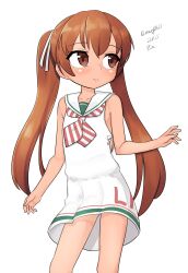 Rule 34 | 1girl, absurdres, brown eyes, brown hair, clothes writing, dark-skinned female, dark skin, dress, feet out of frame, highres, kantai collection, libeccio (kancolle), long hair, looking to the side, low-cut armhole, maru (marg0613), neckerchief, sailor dress, simple background, sleeveless, sleeveless dress, smile, solo, striped neckerchief, tan, twintails, white background