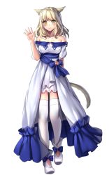 Rule 34 | 10s, 1girl, animal ears, aruma jiki, bare shoulders, blonde hair, cat ears, cat tail, dress, final fantasy, final fantasy xiv, long hair, miqo&#039;te, simple background, slit pupils, solo, tail, thighhighs, warrior of light (ff14), yellow eyes
