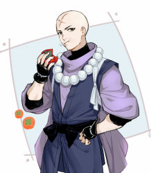 Rule 34 | 1boy, bad id, bad pixiv id, bald, beads, belt, blue eyes, changye, cowboy shot, cross scar, eating, fate/grand order, fate (series), fingerless gloves, gloves, hand on own hip, holding, hood, houzouin inshun (fate), japanese clothes, jewelry, looking at viewer, male focus, monk, prayer beads, scar, simple background, solo, upper body