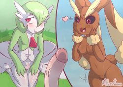 Rule 34 | 1girl, 2boys, absurdres, animal ears, artist name, black sclera, blue background, blush, breasts, bulge, collarbone, colored sclera, creatures (company), drooling, embarrassed, erection, erection under clothes, furry, game freak, gardevoir, gen 3 pokemon, gen 4 pokemon, grass, green background, green hair, hair over one eye, half-closed eyes, hands on own face, happy, heart, highres, imminent penetration, kneeling, looking away, lopunny, medium breasts, milosstone, multiple boys, navel, nintendo, nipples, open mouth, outdoors, penis, pokemon, pokemon (creature), pokemon dppt, pokemon rse, pout, pussy, rabbit ears, rabbit tail, red eyes, shiny skin, short hair, signature, simple background, smile, spoken heart, tail, text focus, uncensored