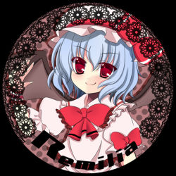 Rule 34 | 1girl, bat wings, black background, blue hair, bow, female focus, hat, hat bow, lefty 2628, lowres, puffy sleeves, red eyes, remilia scarlet, short hair, short sleeves, smile, solo, touhou, wings