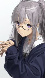 Rule 34 | 1girl, bandaid, bandaid on face, bandaid on forehead, bandaid on hand, bandaid on neck, blue cardigan, cardigan, commentary request, glasses, highres, idolmaster, idolmaster shiny colors, long hair, long sleeves, looking at viewer, noeru, own hands together, parted lips, purple eyes, shirt, silver hair, simple background, solo, twintails, upper body, white background, white shirt, yukoku kiriko