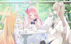 Rule 34 | 3girls, absurdres, blonde hair, blue archive, capelet, chankuro, cup, dress, drinking, feathered wings, halo, highres, holding, holding cup, light brown hair, mika (blue archive), multiple girls, nagisa (blue archive), pink hair, seia (blue archive), sitting, tea party (blue archive), teacup, teapot, tiered tray, white capelet, white dress, white wings, wings