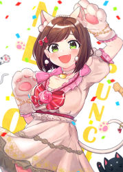 Rule 34 | :d, animal ears, animal hands, arm up, bad id, bad pixiv id, beige shirt, beige skirt, blunt bangs, blurry, blush, bob cut, bow, bra, bra slip, bracelet, breasts, cat, cat ears, cat tail, chain, choker, cleavage, collarbone, confetti, depth of field, earrings, eyelashes, fake animal ears, fake tail, fang, floral print, flower, frilled shirt, frills, gem, gloves, gold chain, green eyes, hair bow, hair intakes, hairband, heart, heart earrings, highres, idolmaster, idolmaster cinderella girls, idolmaster cinderella girls starlight stage, jewelry, lace, lace-trimmed shirt, lace-trimmed skirt, lace trim, leggings, lips, looking at viewer, maekawa miku, medium breasts, open mouth, paw gloves, paw pose, pearl (gemstone), pink bow, pink flower, pink leggings, pink rose, pom pom (clothes), pom pom earrings, puffy short sleeves, puffy sleeves, red bow, rose, rose print, shirt, short hair, short sleeves, skirt, skirt set, smile, solo, swept bangs, tail, tail bracelet, underwear, upper body, v-neck, wenquangua, white background, white choker