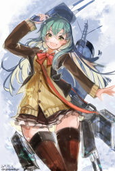 Rule 34 | 1girl, absurdres, aqua hair, ascot, blazer, bow, bowtie, breasts, brown jacket, brown skirt, brown thighhighs, cardigan, dated, frilled skirt, frills, green eyes, hair between eyes, hair ornament, hairclip, highres, holding, jacket, kantai collection, long hair, long sleeves, nagasawa tougo, open mouth, pleated skirt, red bow, red bowtie, rigging, school uniform, skirt, suzuya (kancolle), thighhighs, twitter username, vest