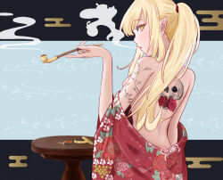 Rule 34 | 1girl, absurdres, arm tattoo, back tattoo, bakemonogatari, bare back, bare shoulders, blonde hair, commentary request, convenient arm, floral print, from behind, hand up, highres, holding, holding smoking pipe, japanese clothes, kimono, kiseru, kiss-shot acerola-orion heart-under-blade, long hair, looking at viewer, looking back, monogatari (series), oshino shinobu, parted lips, ponytail, red kimono, runyo (yale12312), smoke, smoking pipe, solo, table, tattoo, upper body, yellow eyes