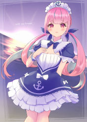 Rule 34 | 1girl, absurdres, anchor, anchor symbol, blue dress, blue hair, blue nails, blue ribbon, blush, breasts, cleavage, commentary, dress, english commentary, frilled dress, frills, hair ribbon, hand up, highres, hilamaru, hololive, horizon, long hair, looking at viewer, maid headdress, medium breasts, minato aqua, minato aqua (1st costume), multicolored hair, nail polish, ocean, parted lips, pink hair, puffy short sleeves, puffy sleeves, purple eyes, ribbon, short sleeves, smile, solo, streaked hair, sunset, twintails, two-tone hair, very long hair, virtual youtuber, wrist cuffs