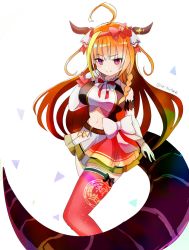 Rule 34 | 1girl, ahoge, arm garter, bare shoulders, blonde hair, blunt bangs, bow, bow hairband, braid, breasts, commentary request, cropped legs, dragon girl, dragon horns, dragon tail, dress, gloves, hair intakes, hairband, highres, hololive, horns, idol, idol clothes, kiryu coco, large breasts, light blush, long hair, multicolored eyes, multicolored hair, navel, nonstop story, official alternate costume, orange hair, pointy ears, purple eyes, red eyes, red hairband, red thighhighs, ribbon, sai (mayuemon817), scales, side braid, simple background, simple series, single braid, single thighhigh, skirt, sleeveless, sleeveless dress, smile, solo, streaked hair, tail, thighhighs, twitter username, very long hair, virtual youtuber, white background, white bow, white gloves, white neckwear, white ribbon, white skirt