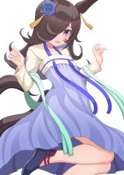 Rule 34 | 1girl, absurdres, animal ears, blue dress, blue flower, blue footwear, blue rose, blush, brown hair, chinese clothes, copyright request, dress, flower, hair flower, hair ornament, hair over one eye, hands up, hanfu, highres, hokuyukis, horse ears, horse girl, horse tail, iwami manaka, long hair, long sleeves, looking at viewer, open mouth, purple eyes, qixiong ruqun, rice shower (racehorse), rice shower (umamusume), rose, ruqun, simple background, smile, solo, tail, tassel, umamusume, white background