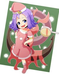 Rule 34 | 1girl, :d, acerola (pokemon), alternate color, alternate costume, anchor, armlet, blue eyes, blush, boots, christmas, collarbone, creatures (company), dhelmise, dress, elite four, flat chest, full body, fur trim, game freak, gen 7 pokemon, hair ornament, hands on own hips, hat, leg up, looking away, looking up, nintendo, open mouth, pokemon, pokemon (creature), pokemon sm, pom pom (clothes), purple hair, red dress, red footwear, red hat, santa boots, santa costume, santa hat, seaweed, shiny pokemon, short dress, short hair, short sleeves, silane, smile, standing, standing on one leg, steering wheel, trial captain, wavy mouth