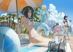 animal_ears arknights barefoot basket beach beach_mat beach_umbrella bikini black_bikini black_hair blonde_hair blue_sky bottle breasts brown_hair building cloud commentary cooler day dobermann_(arknights) dog_boy dog_ears dog_girl dog_tail english_commentary eyjafjalla_(arknights) eyjafjalla_(summer_flower)_(arknights) frilled_bikini frills grey_eyes hair_bun hair_intakes hair_ornament hairclip hand_on_own_hip high_heels highres holding holding_bottle hood hoodie innertube kasumi_yuzuha la_pluma_(arknights) la_pluma_(summer_flowers)_(arknights) large_breasts leaning_back long_hair megaphone ocean outdoors palm_tree parted_bangs pink_bikini sand scrunchie sheep_ears sheep_girl shore short_eyebrows sideboob sidelocks sitting sky skyscraper standing swim_ring swimsuit tail tequila_(arknights) thick_eyebrows tree umbrella wariza water_bottle white_bikini wristband yellow_scrunchie