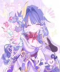 1girl blush breasts bridal_gauntlets cherry chinese_knot ckiows cleavage clenched_hand closed_mouth cup drawn_ears drawn_heart drawn_whiskers eyelashes facing_viewer fan_hair_ornament fingernails floral_print flower food fruit furisode genshin_impact gold_ring hair_flower hair_intakes hair_ornament heart highres holding holding_cup ice_cream japanese_clothes kimono kimono_skirt lingerie long_hair low-braided_long_hair low-tied_long_hair middle_ring mitsudomoe_(shape) multicolored_hair notice_lines obi obijime paw_print pelvic_curtain purple_bridal_gauntlets purple_flower purple_hair purple_kimono purple_shrug purple_sleeves raiden_shogun red_ribbon ribbon sash scaramouche_(cat)_(genshin_impact) scaramouche_(genshin_impact) smile solo streaked_hair sundae tassel tomoe_(symbol) translation_request underwear upper_body white_background