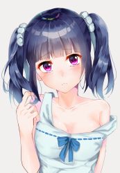 Rule 34 | 10s, 1girl, :&lt;, alternate hairstyle, arm up, blue hair, blue ribbon, blunt bangs, blush, breasts, cleavage, collarbone, dark blue hair, dress, frown, grey background, twirling hair, hand in own hair, highres, lemon t, light blue dress, looking at viewer, love live!, love live! sunshine!!, medium breasts, medium hair, off shoulder, purple eyes, ribbon, ribbon trim, simple background, single bare shoulder, sleeveless, sleeveless dress, strap slip, tsushima yoshiko, twintails, upper body
