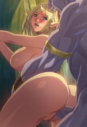 Rule 34 | 1boy, 1girl, ass, blonde hair, blue eyes, breasts, censored, elf, forest, hetero, highres, homare (fool&#039;s art), large breasts, monster, nature, nude, outdoors, penis, pointy ears, pussy, sex, vaginal