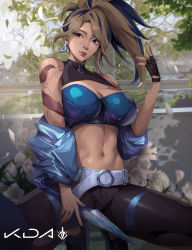 Rule 34 | 1girl, absurdres, akali, arm tattoo, belt, black gloves, black hair, black pants, blonde hair, blue eyes, blue jacket, blue nails, breasts, chain-link fence, closed mouth, crop top, cropped jacket, earrings, falling leaves, fence, fingerless gloves, gloves, hand up, highres, holding, holding knife, jacket, jewelry, k/da (league of legends), knife, kunai, leaf, league of legends, letsbe, lips, logo, looking to the side, medium breasts, multicolored hair, nail polish, navel, o-ring, o-ring belt, off shoulder, official alternate costume, pants, ponytail, shoes, solo, squatting, stomach, tattoo, the baddest akali, tight clothes, tight pants, tiptoes, two-tone hair, weapon, white belt