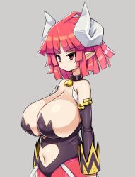 Rule 34 | 1girl, breasts, cleavage, closed mouth, clothing cutout, demon girl, detached sleeves, disgaea, highres, horns, huge breasts, la pucelle, long hair, maou prier, navel, pantyhose, plump, pointy ears, prier, red eyes, red hair, sawati, simple background, solo