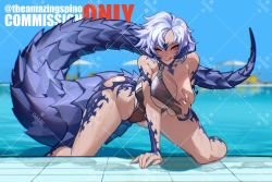 Rule 34 | 1girl, au ra, blue hair, breasts, cleavage, clothing cutout, commission, dragon girl, dragon horns, dragon tail, final fantasy, final fantasy xiv, highres, horns, kamitoge supino, large breasts, leaning forward, licking lips, one-piece swimsuit, one eye closed, red eyes, short hair, sky, smile, solo, swimsuit, tail, tongue, tongue out, underboob, underboob cutout, warrior of light (ff14), water, watermark